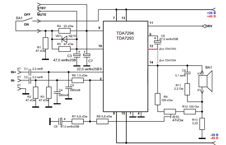 TDA1562Q - схема мощного усилителя для сабвуфера (+14В, до 70Ватт)
