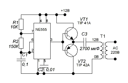 Схема простого инвертора напряжения 12В - 220В